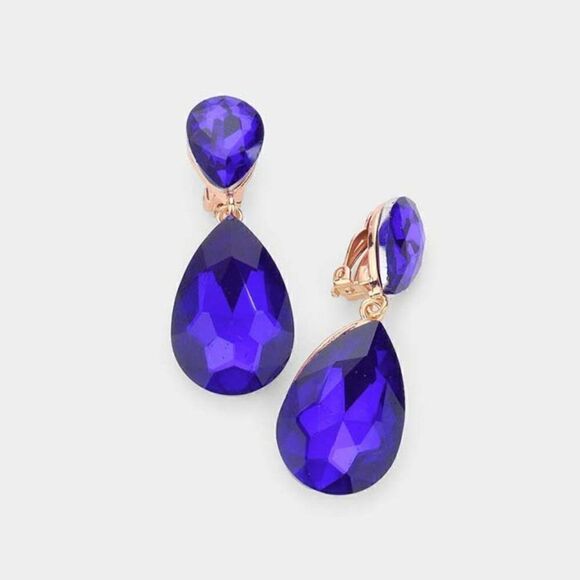 Crystal Sapphire Blue Double Teardrop Clip On Evening Earrings NWT - Picture 1 of 5